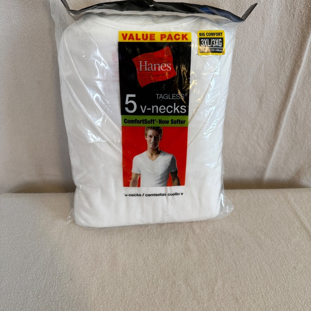 Hanes Mens 5 Pack White V-Neck Undershirts ComfortSoft Tagless Size 3XL 777P5